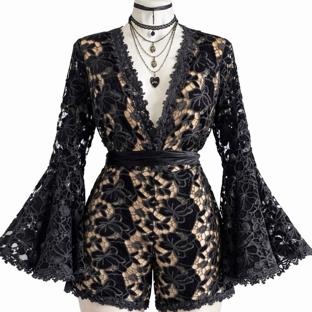 Whimsigoth Black Lace Velvet Super Bell Sleeve Romper Vampire Dark Romantic